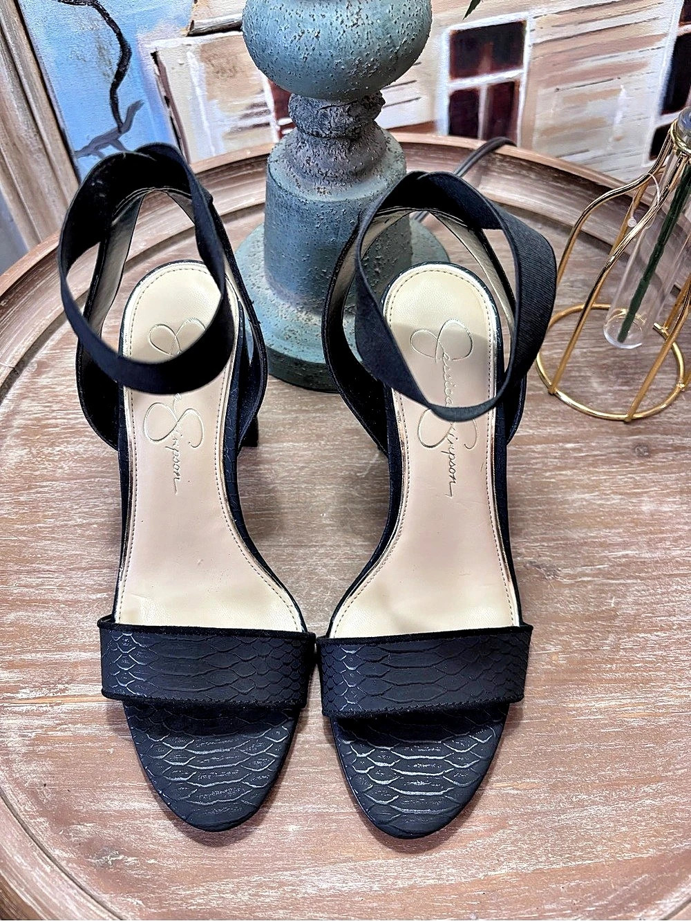 Jessica Simpson Black Ankle Strap Textured Block Heels Women 7.5 - Picture 2 of 7